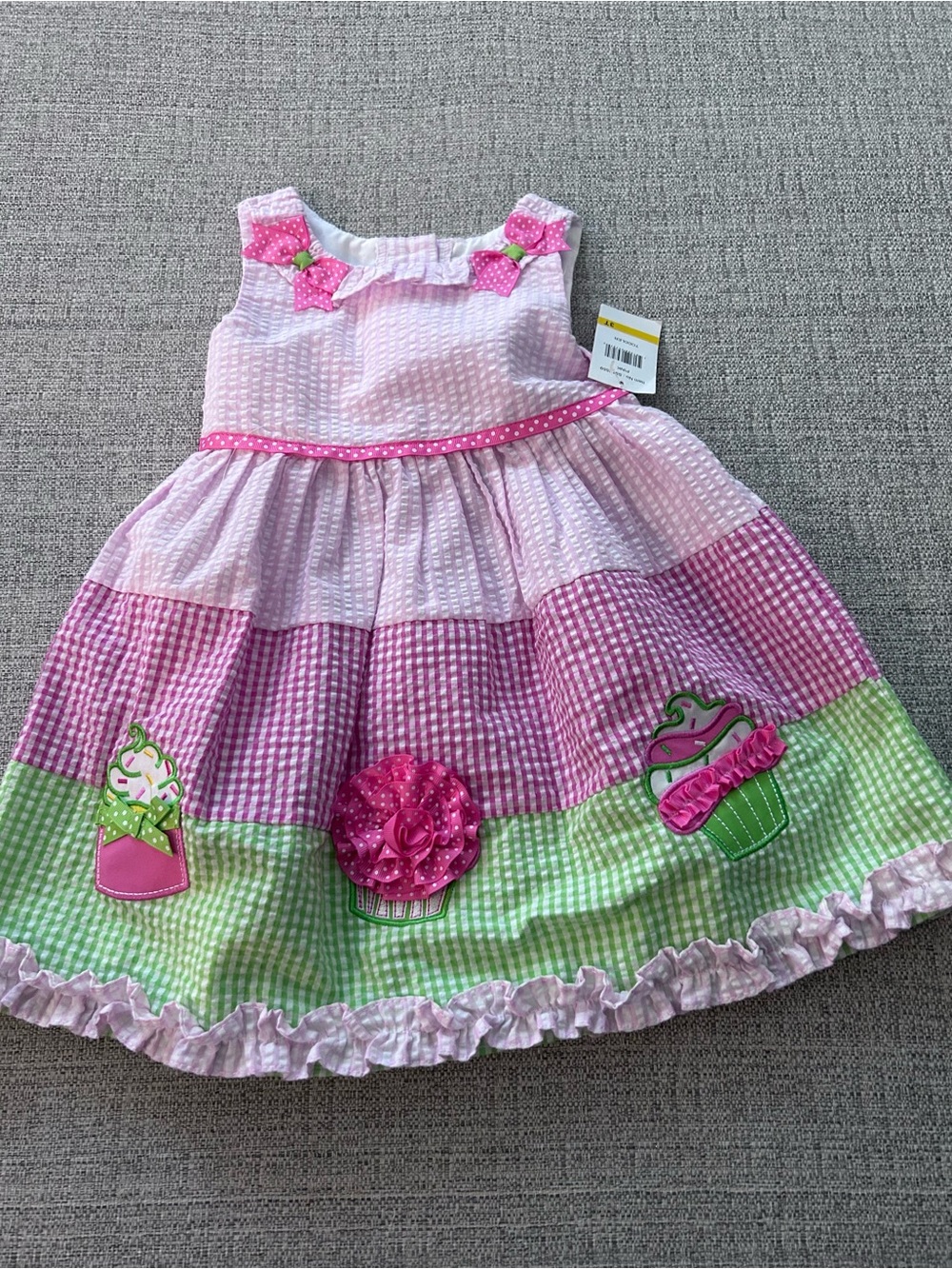 NWT Emily Rose Pink & Green Gingham Cupcake Appliqué Dress. Size 3T